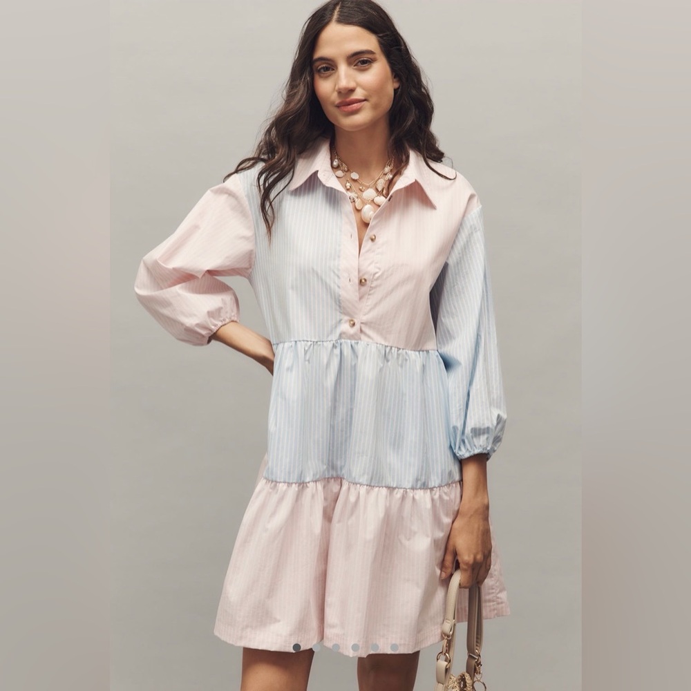 NWT The Bettina Stripe Mix Tiered Mini Shirt Dress by Maeve